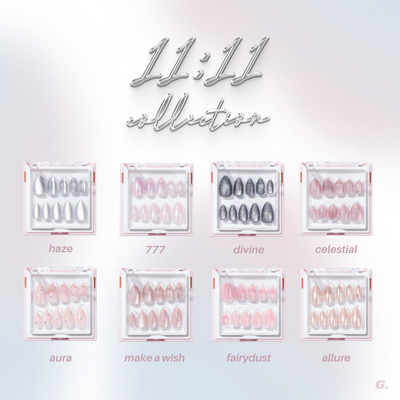 Image showcasing the "11:11 - Full Collection" by Glowie By Her, featuring eight sets of press-on nails: haze, 777, divine, celestial, aura, make a wish, fairydust, and allure. Each set boasts unique colors and designs with chrome nail finishes packaged in clear individual cases. Take advantage of the Black Friday Sale for 35% off!