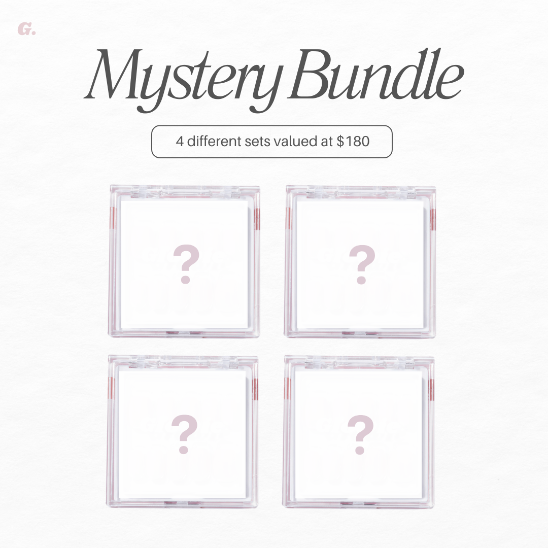 Image featuring four transparent boxes with question marks and the text "Mystery Bundle" above. Below, it reads "4 different sets valued at $180, now just $99." Uncover the secrets inside for a dazzling mystery nails assortment from Glowie By Her's Mystery Bundle 1!.