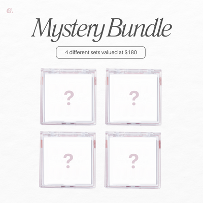 Image featuring four transparent boxes with question marks and the text "Mystery Bundle" above. Below, it reads "4 different sets valued at $180, now just $99." Uncover the secrets inside for a dazzling mystery nails assortment from Glowie By Her's Mystery Bundle 1!.