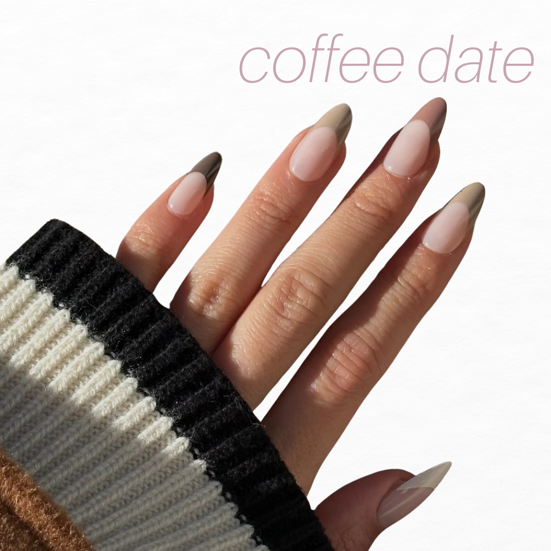 A hand with long, almond-shaped nails painted in a gradient from light to dark brown using the "Back to Basics" set from Glowie By Her (now 35% off) rests against a white background. The person is wearing a striped sweater. The phrase "coffee date" appears in the top right corner.