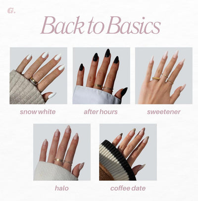 A collage titled "Back to Basics," a collection available at 35% off from Glowie By Her, showcases five images of manicured hands adorned with nail colors: Snow White, After Hours, Sweetener, Halo, and Coffee Date. Each hand is styled with a variety of rings and cozy sweater sleeves, adding the perfect touch to make a statement this season.