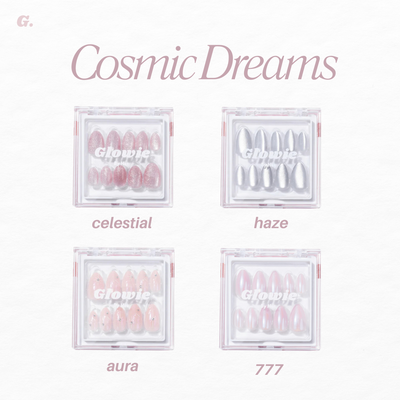 A minimalist image highlighting four nail polish sets from Glowie By Her's "Cosmic Dreams" collection (now 30% OFF), each boasting the captivating Cat Eye Effect. The colors—Celestial, Haze, Aura, and 777—are elegantly showcased in square containers against a white backdrop with pink and gray accents.