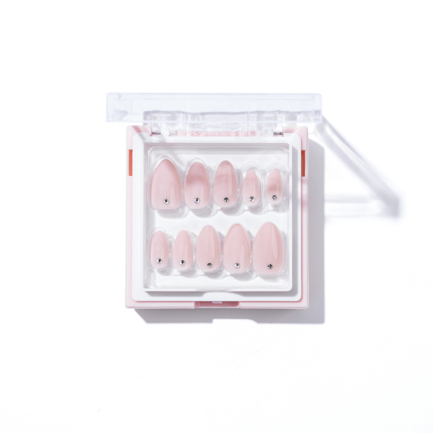 A clear plastic box, branded Glowie By Her, contains a set of 10 baby pink Laura Press-On Nails arranged in pairs. These salon-quality nails are numbered for size and feature a glossy finish. The box has a hinged lid and is displayed against a white background.