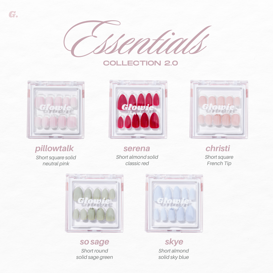 An image showcasing the "Essentials Collection 2.0" by Glowie By Her (20% Off), alongside the sleek 11:11 Collection. The collection includes five styles of press-on nails: Pillowtalk (short square solid neutral pink), Serena (short almond solid classic red), Christi (short square French tip), So Sage (sage green), and Skye (sky blue).