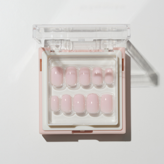 Pillowtalk neutral pink short square press-on nails by Glowie by Her