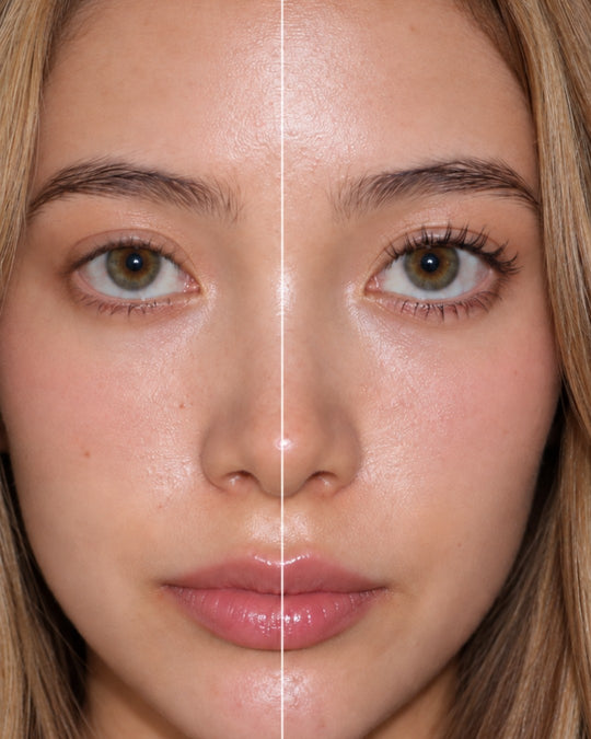 Angel magnetic lashes before and after, one side bare and one side wearing Angel