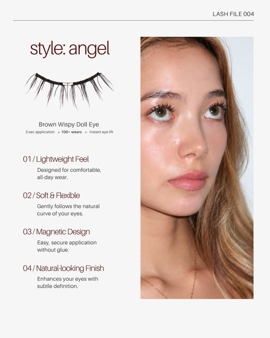 Style Angel: Brown Wispy Doll Eye. Lightweight feel, soft and flexible, magnetic design, natural-looking finish