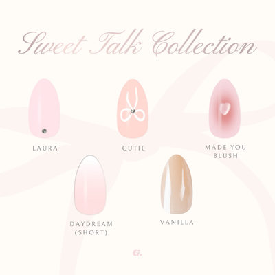 An image of five pastel-colored nail designs from Glowie By Her's "Sweet Talk Collection" (now 20% off). The designs featured are "Laura" (baby pink with a rhinestone accent), "Cutie" (pink with a white ribbon), "Made You Blush" (pink with a heart), "Daydream (Short)" (light pink, glossy finish), and "Vanilla" (beige).